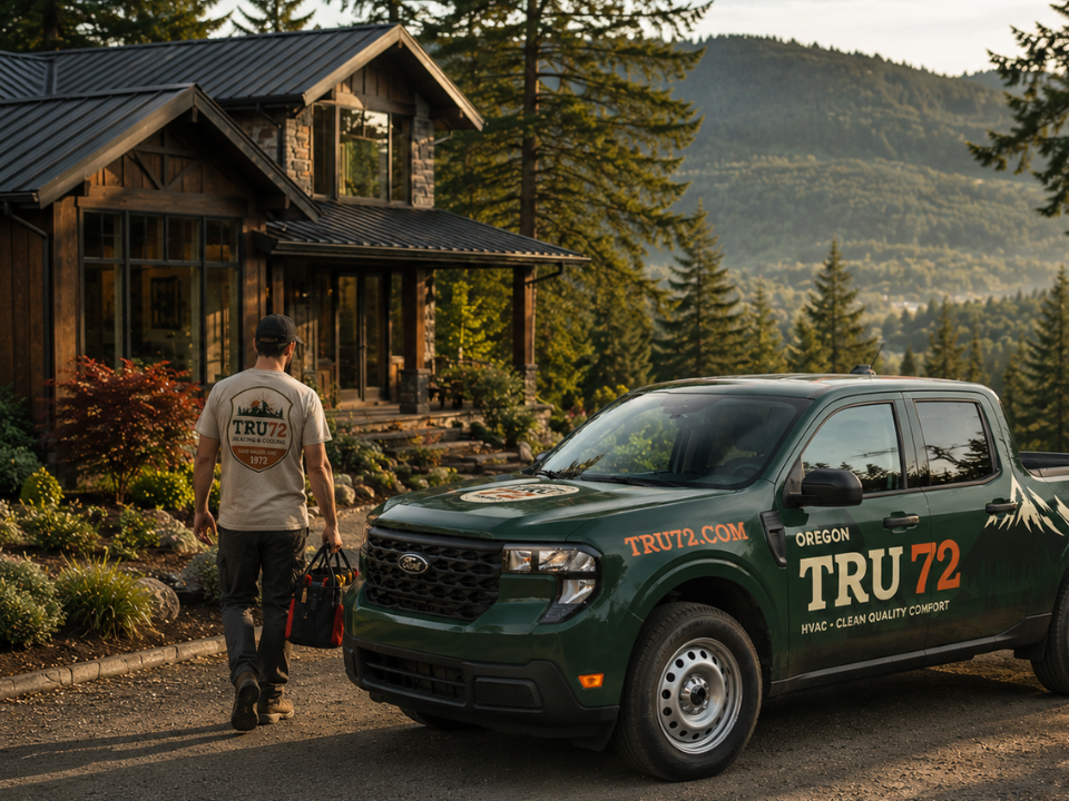 A Tru72 technician walking to a Tru72 truck at a Pacific Northwest home today.